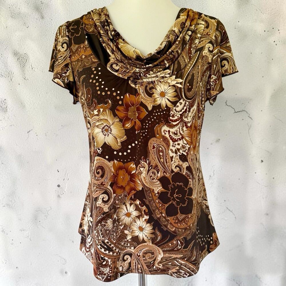 Vtg Stretchy Slinky Fairy Whimsigoth Grunge Top Blouse Shirt Small Brown Floral